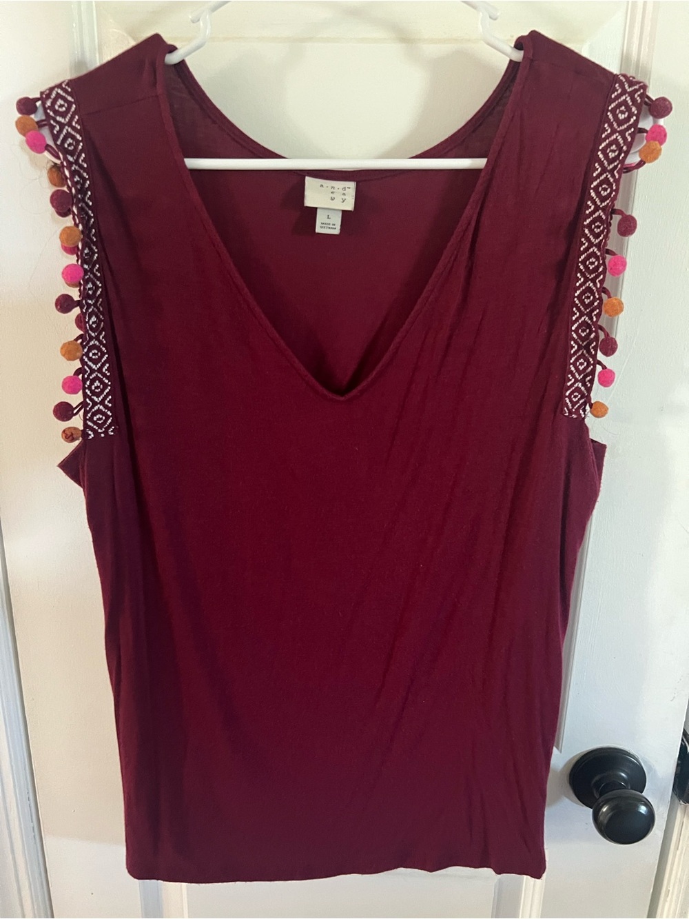a new day Burgundy V‑Neck Tank with Pom Trim